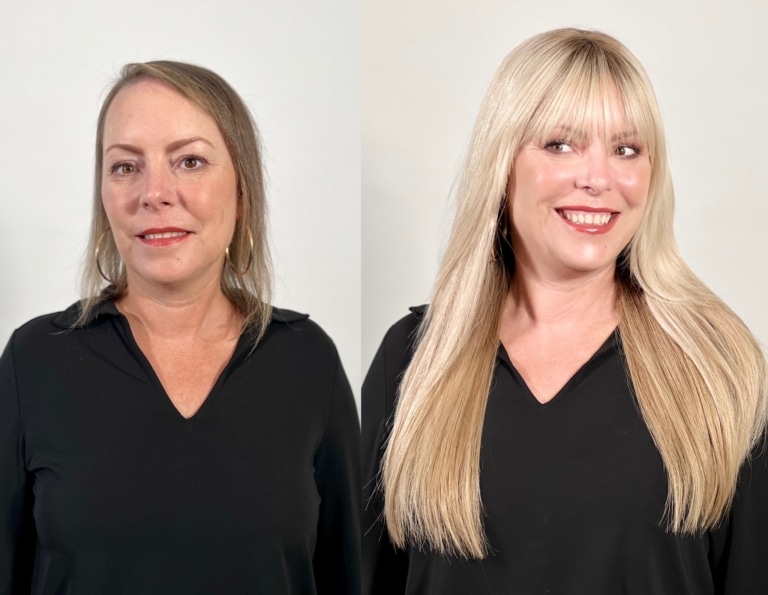 Before and after comparison at an incredible makeover at Hairdreams