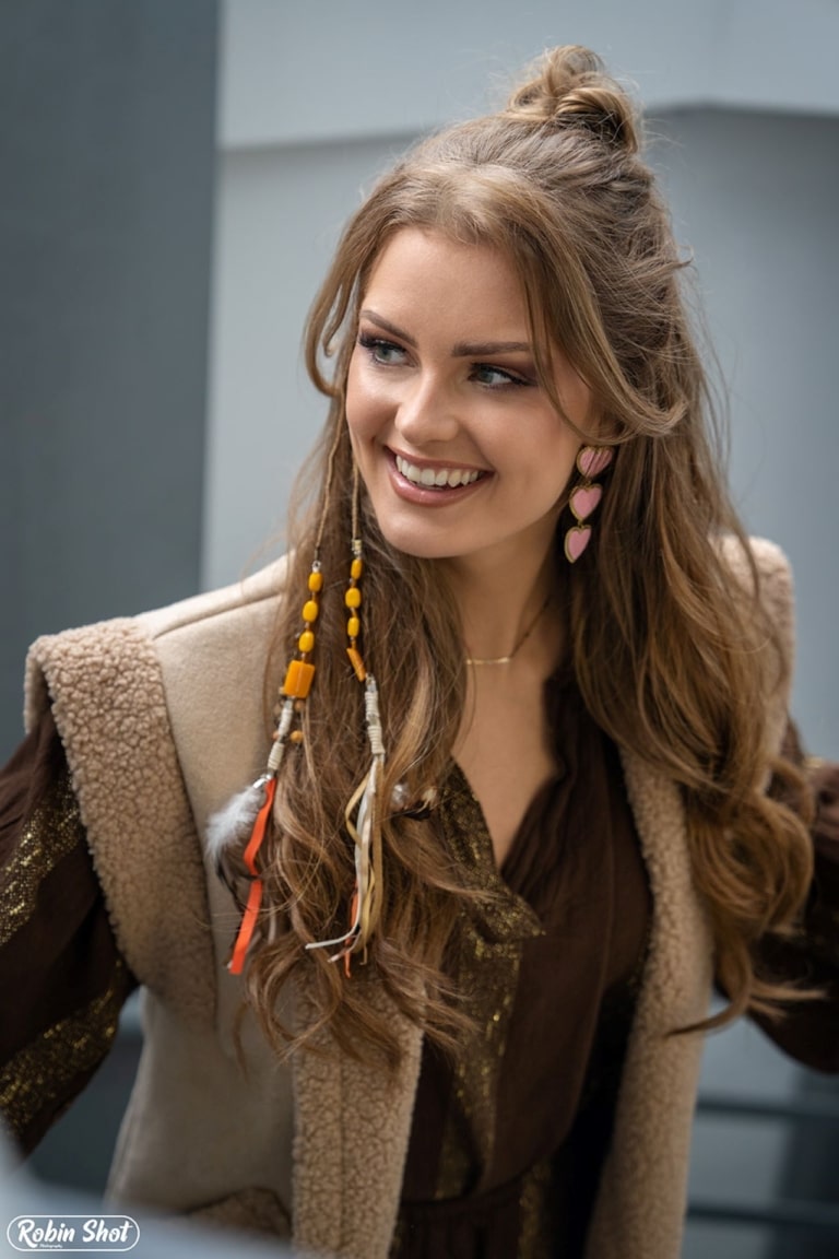 Woman with long brown hair wears Hairdreams Leather Ribbons in her hairstyle